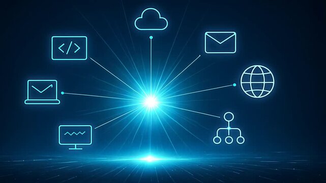 Radiant light source surrounded by minimalistic api icons with glowing lines connecting them, application programming interface, api, api programming