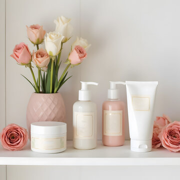 Realistic cosmetics products on table with flower vase