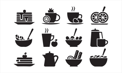 A set of twelve simple, black and white icons depicting breakfast and brunch items.