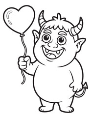 Little Devil Boy Coloring Page – Cute Cartoon Demon Holding Balloon – Fun Halloween Line Art for Kids

