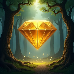 Glowing Golden Diamond in a Forest