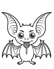 Adorable Vampire Bat Coloring Page – Cute Cartoon Bat Holding Lollipop – Halloween Fun for Kids

