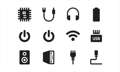 Set of Simple Black and White Electronic Device Icons, A collection of black and white icons representing various electronic devices and connections.