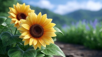 Close up of two bright yellow sunflowers with detailed petals and dark centers in a field