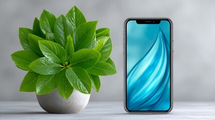 A healthy green potted plant sits next to a modern smartphone displaying a blue abstract screen