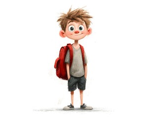Animated young boy smiles with messy hair while wea a backpack and ready for adventures at school.