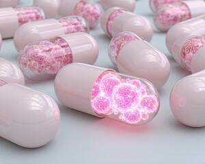 Probiotic Capsule Closeup A close-up of pink capsules revealing vibrant, microscopic structures inside. Probiotic Capsule Closeup Probiotic Pill