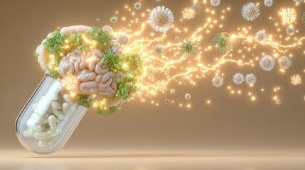 Probiotic Capsule Closeup A creative visualization of a brain inside a capsule, symbolizing knowledge and health. Probiotic Capsule Closeup Probiotic Pill