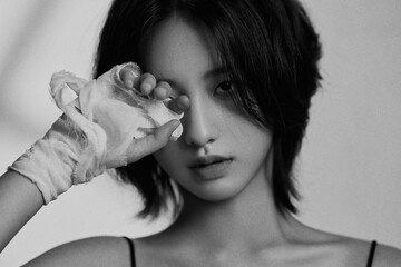 Portrait of a young Asian woman with a delicate gesture.