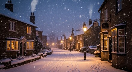 Obraz premium A serene snowy evening in a quaint village adorned with twinkling lights