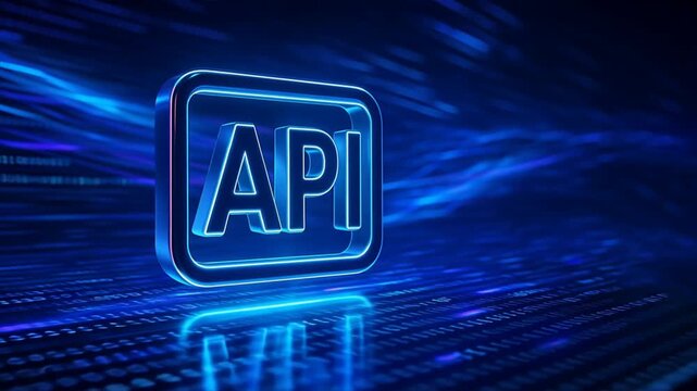 A glowing 3d api icon floats amidst data streams and binary code, illustrating api programming and application programming interface in a futuristic tech environment