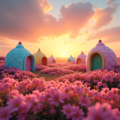 Whimsical Village in a Pink Flower Field