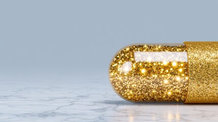 Probiotic Capsule Closeup A shiny gold capsule filled with sparkling glitter on a marble surface. Probiotic Capsule Closeup Probiotic Pill