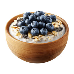 Wooden bowl filled with creamy oatmeal topped with fresh blueberries and chia seeds isolated on white transparent background, concept of healthy breakfast