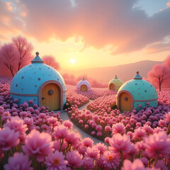 Whimsical Village in a Pink Flower Field