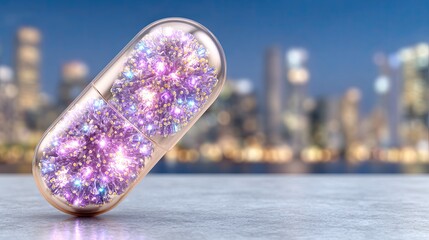 Probiotic Capsule Closeup A sparkling capsule filled with colorful glitter against a blurred city backdrop. Probiotic Capsule Closeup Probiotic Pill