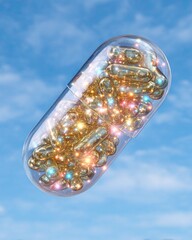 Probiotic Capsule Closeup A transparent capsule filled with shimmering golden pills against a blue sky background. Probiotic Capsule Closeup Probiotic Pill