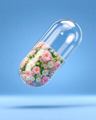 Probiotic Capsule Closeup A transparent pill filled with colorful flowers, symbolizing nature and wellness. Probiotic Capsule Closeup Probiotic Pill