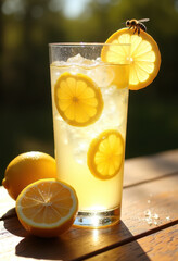 Refreshing lemonade with lemon slices and a honey bee in sunlit summer setting