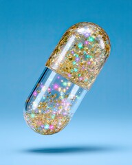Probiotic Capsule Closeup A vibrant capsule filled with shimmering glitter floating against a blue backdrop. Probiotic Capsule Closeup Probiotic Pill