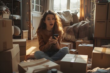 Surprised young woman sitting on floor surrounded by packages after online shopping spree
