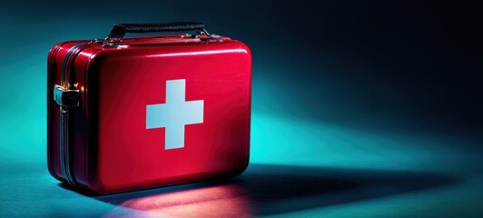 The essential first aid kit with a red case and medical cross symbol.