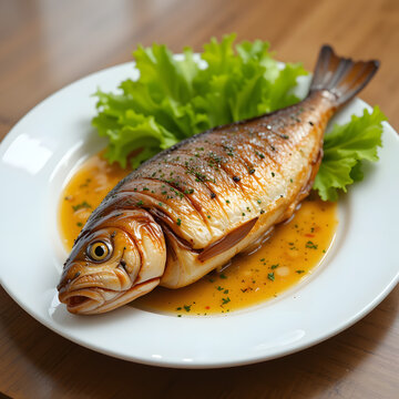 Roasted Whole Fish Plated with Crisp Lettuce Ideal for Seafood Lovers