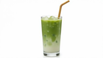 Latte de matcha helado en un vaso alto y transparente con una fina pajita de bamb&uacute;, que muestra capas cremosas de vibrante t&eacute; verde