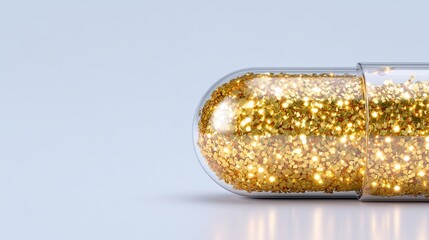 Probiotic Capsule Closeup Golden glitter capsule symbolizing wellness and luxury in nutrition. Probiotic Capsule Closeup Probiotic Pill