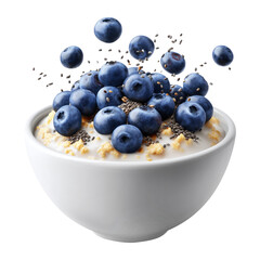 Fresh blueberries and chia seeds on creamy oatmeal in white ceramic bowl, isolated on white transparent background, concept of healthy breakfast
