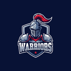 Fototapeta premium Warrior knight mascot logo with metallic armor and a red plumed helmet. A powerful emblem with a shield for an e-sports or sports team identity.