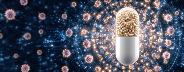 Probiotic Capsule Closeup Innovative concept of a capsule containing grains within a vibrant digital backdrop. Probiotic Capsule Closeup Probiotic Pill