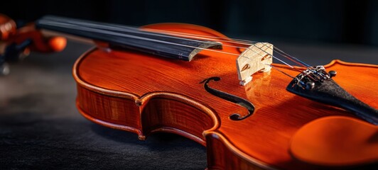 Fototapeta premium The exquisite craftsmanship of a finely tuned wooden violin in detail.