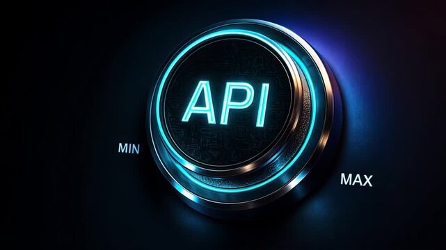A glowing api dial pulses with neon accents, highlights application programming interface in a cyberpunk inspired api programming design