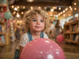 Fototapeta premium A charming toddler with curly hair smiles while playing with a large pink balloon indoors at the bookstore.