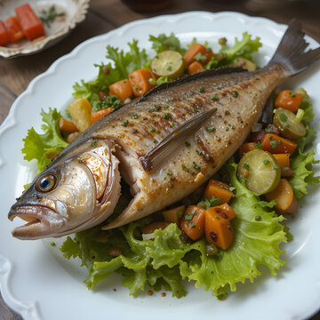 Roasted Whole Fish with Crisp Lettuce Ideal for Seafood