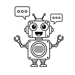 Vector illustration of a friendly robot with speech bubbles offering assistance and engaging in conversation for customer service