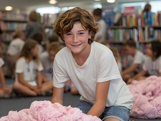 Smiling boy kneels on floor with pink craft supplies in a brightly lit library full of people nearby.
