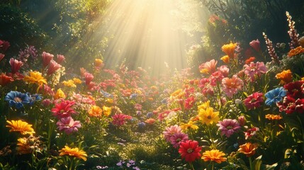 Vibrant flower garden illuminated by sunlight beams