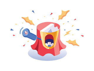 Fototapeta premium Vector art of red tree stump with a blue tool, isolated on white background with explosion and confetti.