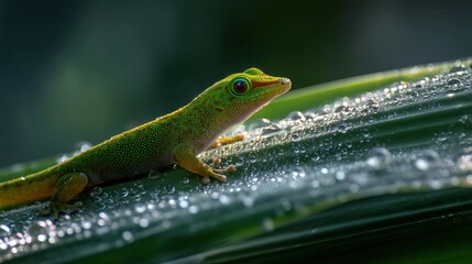 Fototapeta premium Gecko resting on a banana leaf with dewdrops glistening in the morning sun