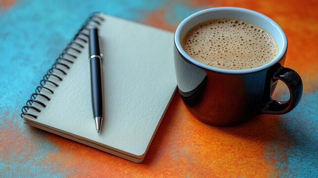 Gradient Office Desk with Black Coffee Mug, Spiral Notebook & Pen