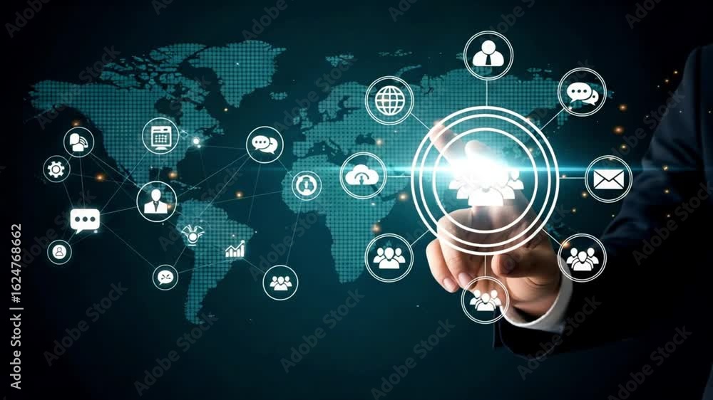 Poster a person touching a digital screen with a world map and network of connected icons displayed on it