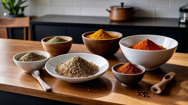 Colorful assortment of global spices in ceramic bowls showcasing culinary diversity and traditional flavors from around the world in vibrant food styling and cultural presentation
