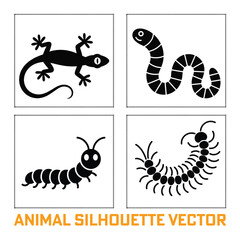 A Black color Animal Lizard, Worm, Caterpillar, and Centipede Vector silhouette Set