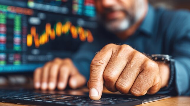 Businessman analyzing stock market data on digital screen with financial charts and graphs