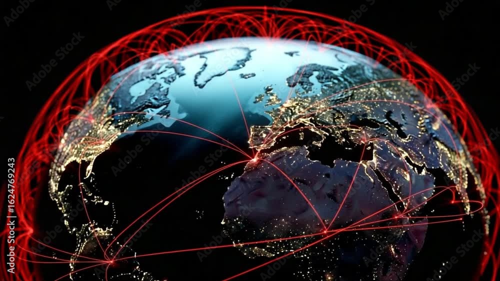 Poster a detailed view of earth with red network lines showing global connections and city lights visible