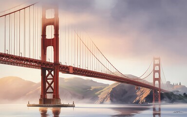 Fototapeta premium Majestic Golden Gate Bridge Spanning the Bay on a Misty Morning with Rolling Hills San Francisco