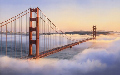 Fototapeta premium Golden Gate Bridge shrouded in fog at sunrise with San Francisco skyline in the distance California