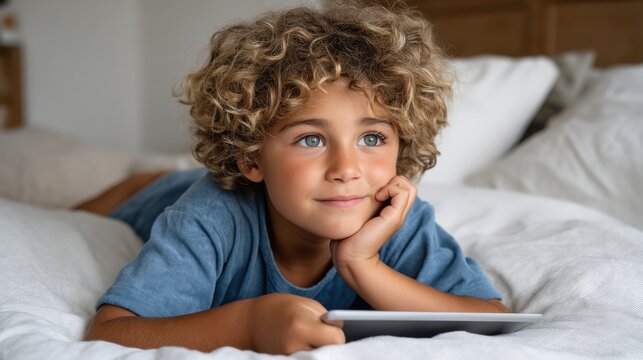 A young boy with curly hair lying on a bed and looking thoughtfully at a tablet device - Powered by Adobe
